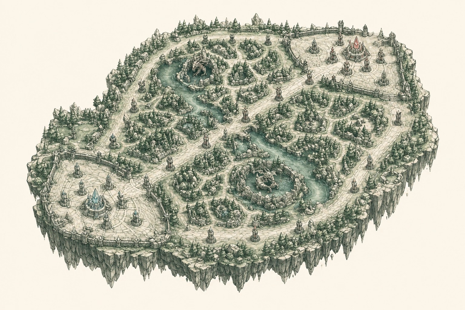 A pen-and-ink illustration of Summoner's Rift, with three lanes, two bases and the river winding through the jungle.